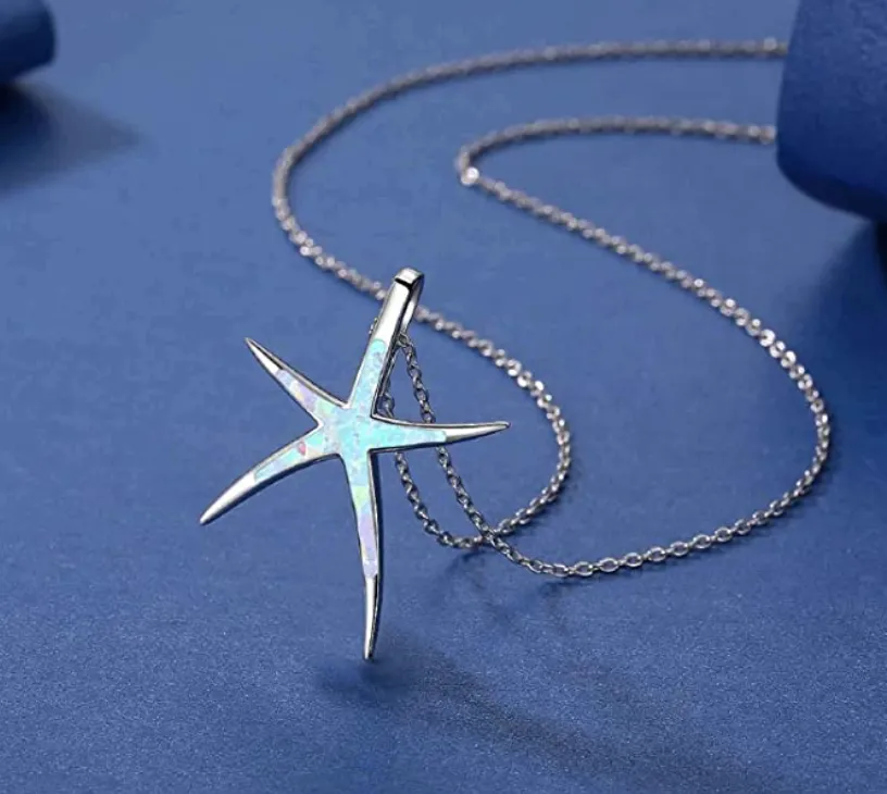 Cute Starfish Necklace Pendant Chain Star Fish Ocean Tropical Opal Jewelry Hawaiian Gift 925 Sterling Silver