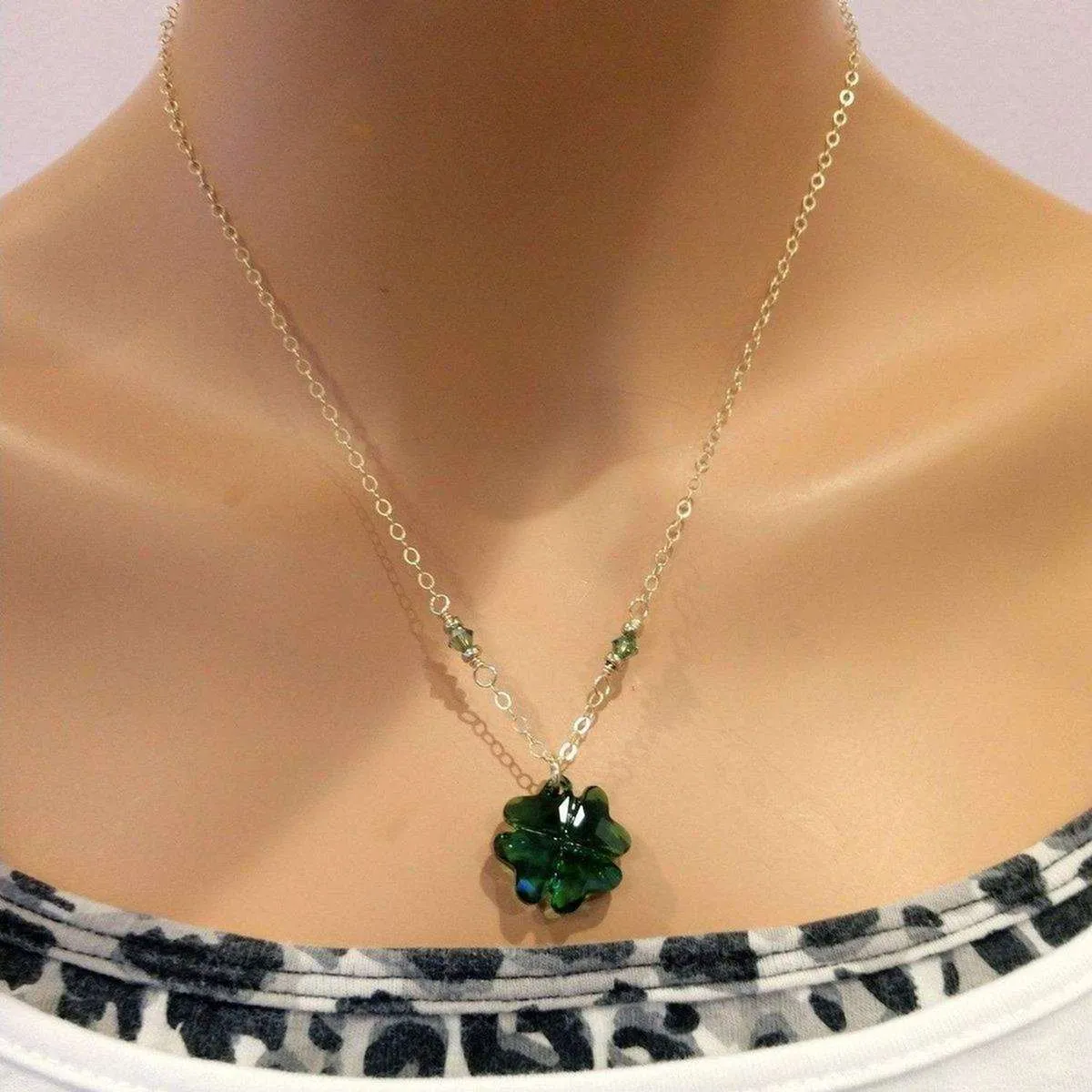 Dark Green Sparkly Crystal Lucky Clover Necklace