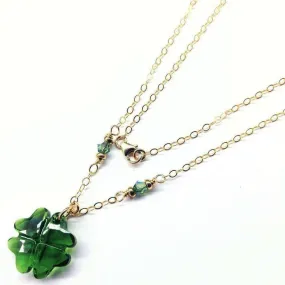 Dark Green Sparkly Crystal Lucky Clover Necklace