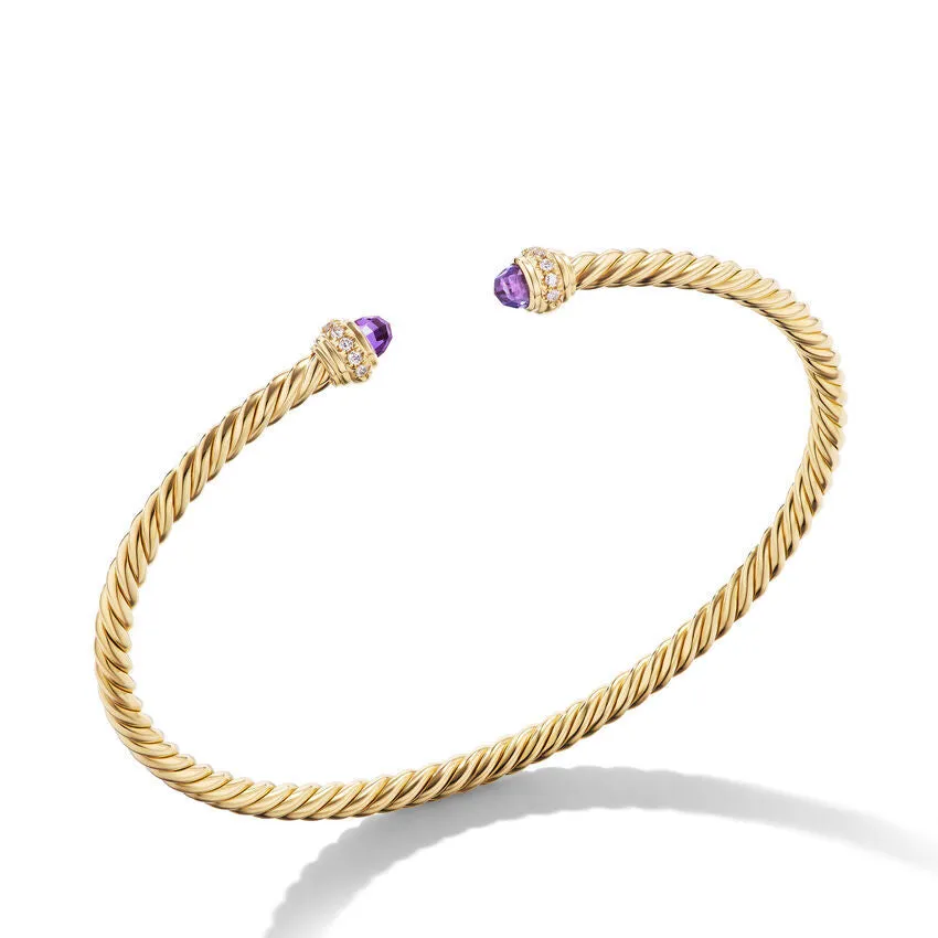 David Yurman Classic Cablespira Bracelet in 18K Yellow Gold with Amethyst and Diamonds, 3mm