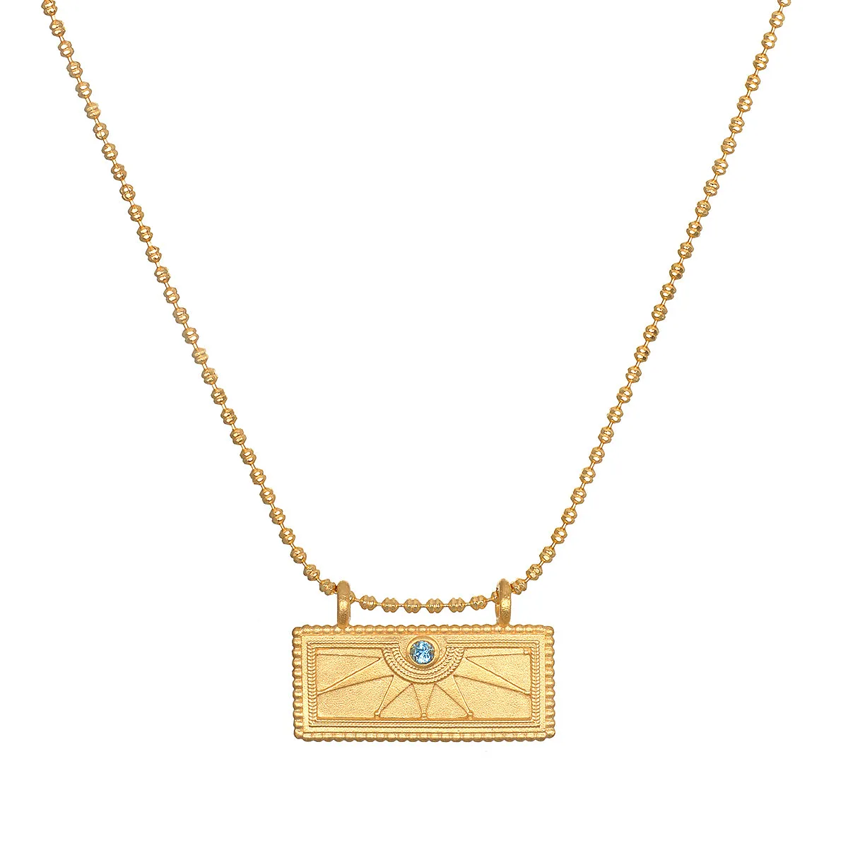 December Blue Topaz Sunburst Birthstone Tablet Necklace