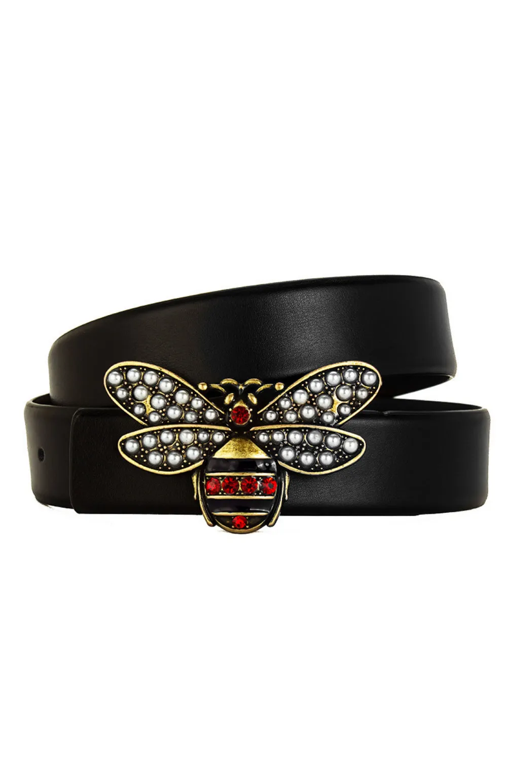 Designer Bee Pearl Diamante Embellished Buckle Faux Leather Belt