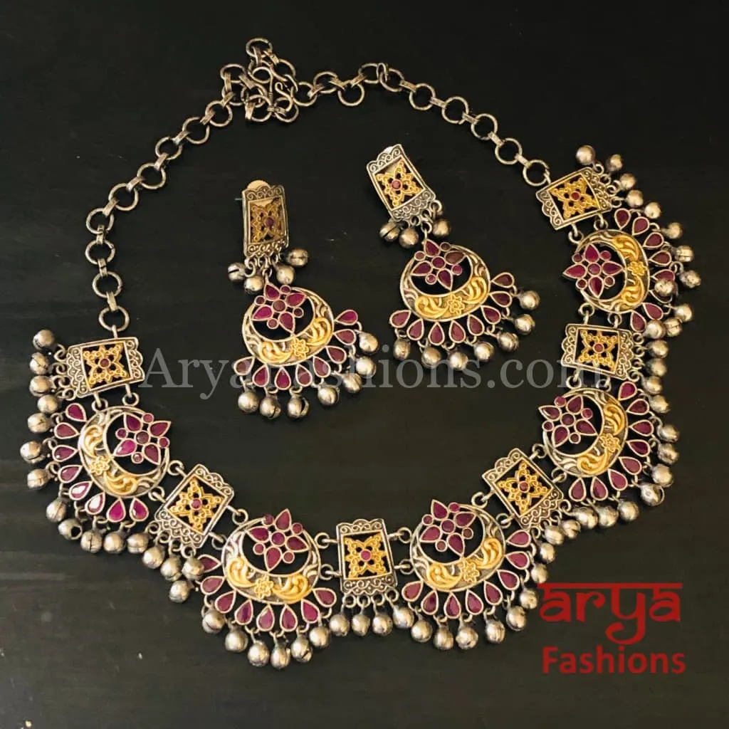 Designer Dual Tone Oxidized Tribal Necklace with Multicolor Stones