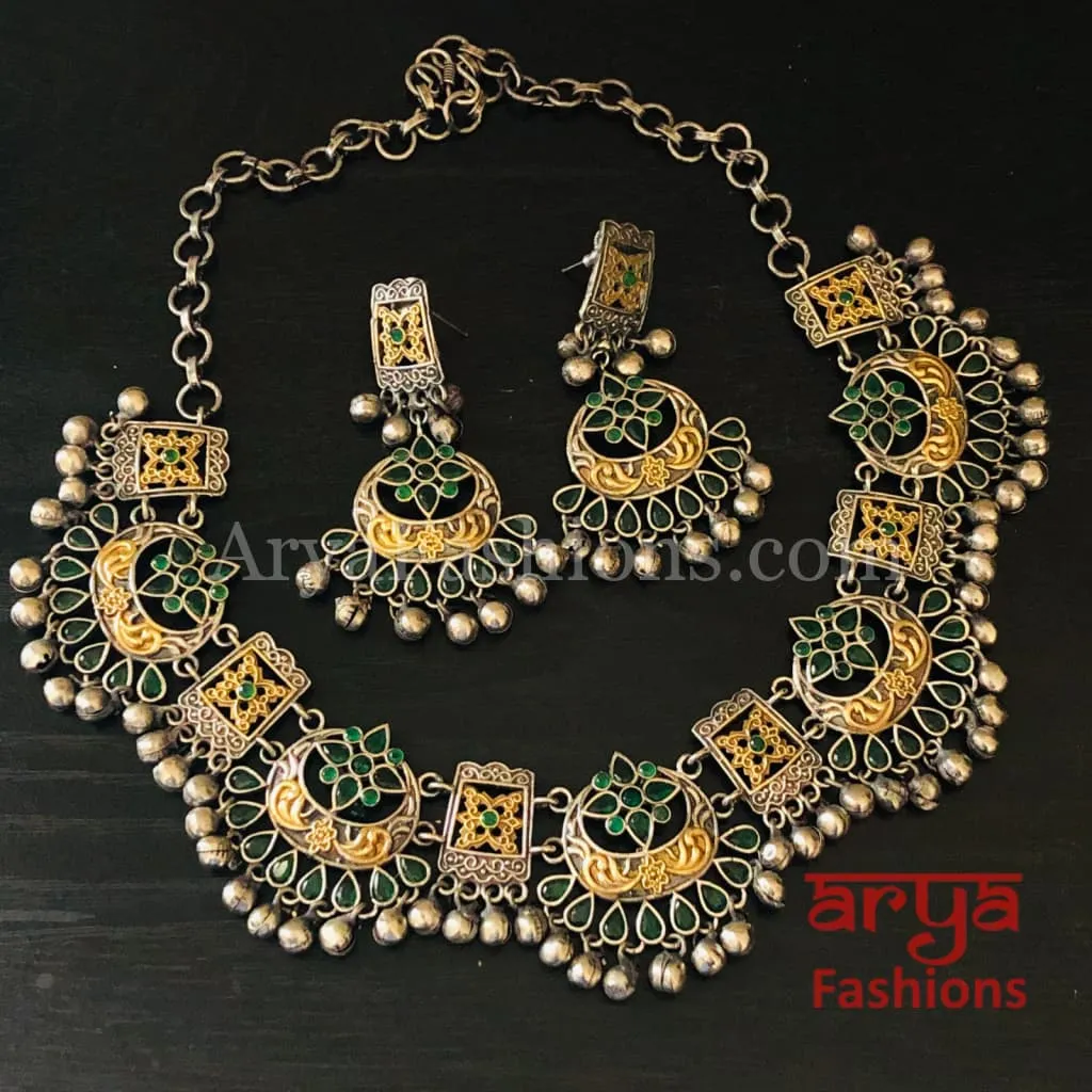 Designer Dual Tone Oxidized Tribal Necklace with Multicolor Stones