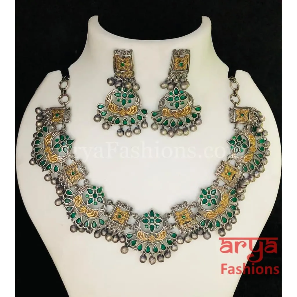 Designer Dual Tone Oxidized Tribal Necklace with Multicolor Stones