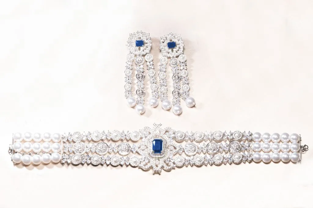 Dilara Choker Set - Sapphire Blue- Jaipur Rose Gold Plated Luxury Designer Indian Jewelry Online