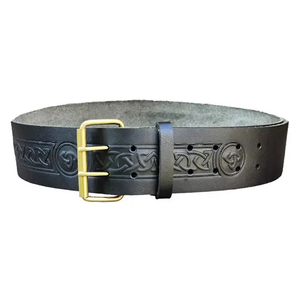 Double Prong Celtic Twist Embossed Black Leather Kilt Belt