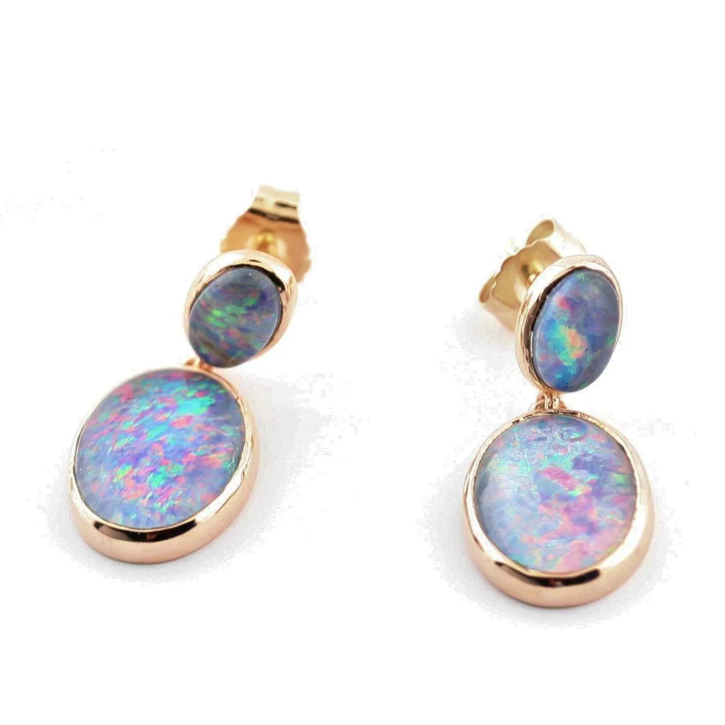 Double Triplet Fire Opal Drop Earrings 14K Rose Gold