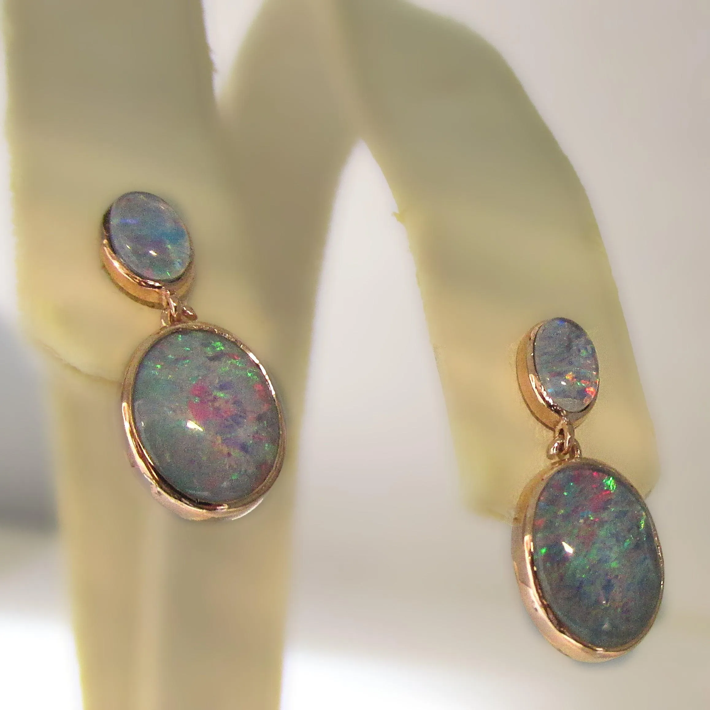 Double Triplet Fire Opal Drop Earrings 14K Rose Gold