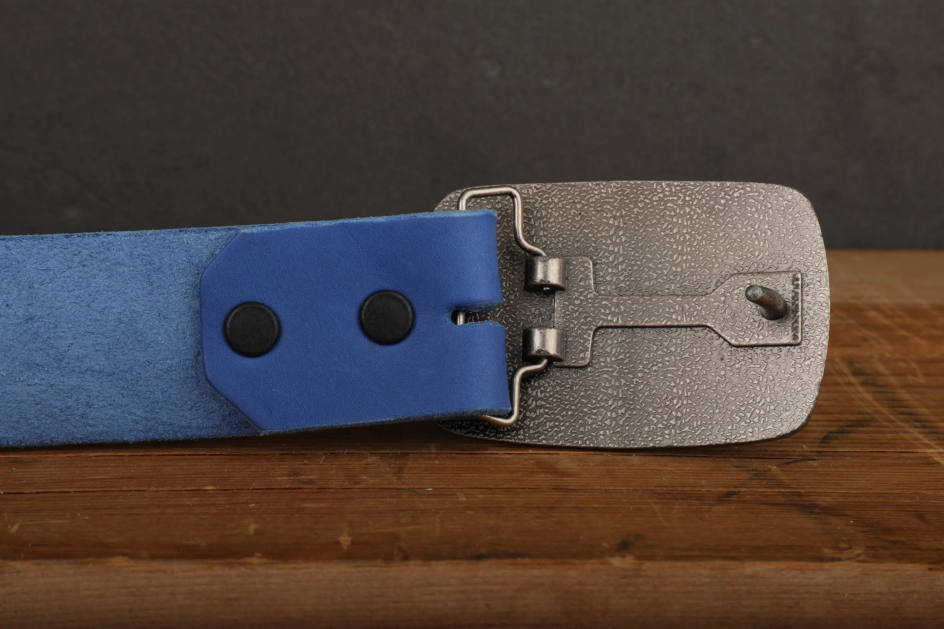 Electric Blue Wide Leather Snap Belt with Gold Tone Antique Brass Belt Buckle