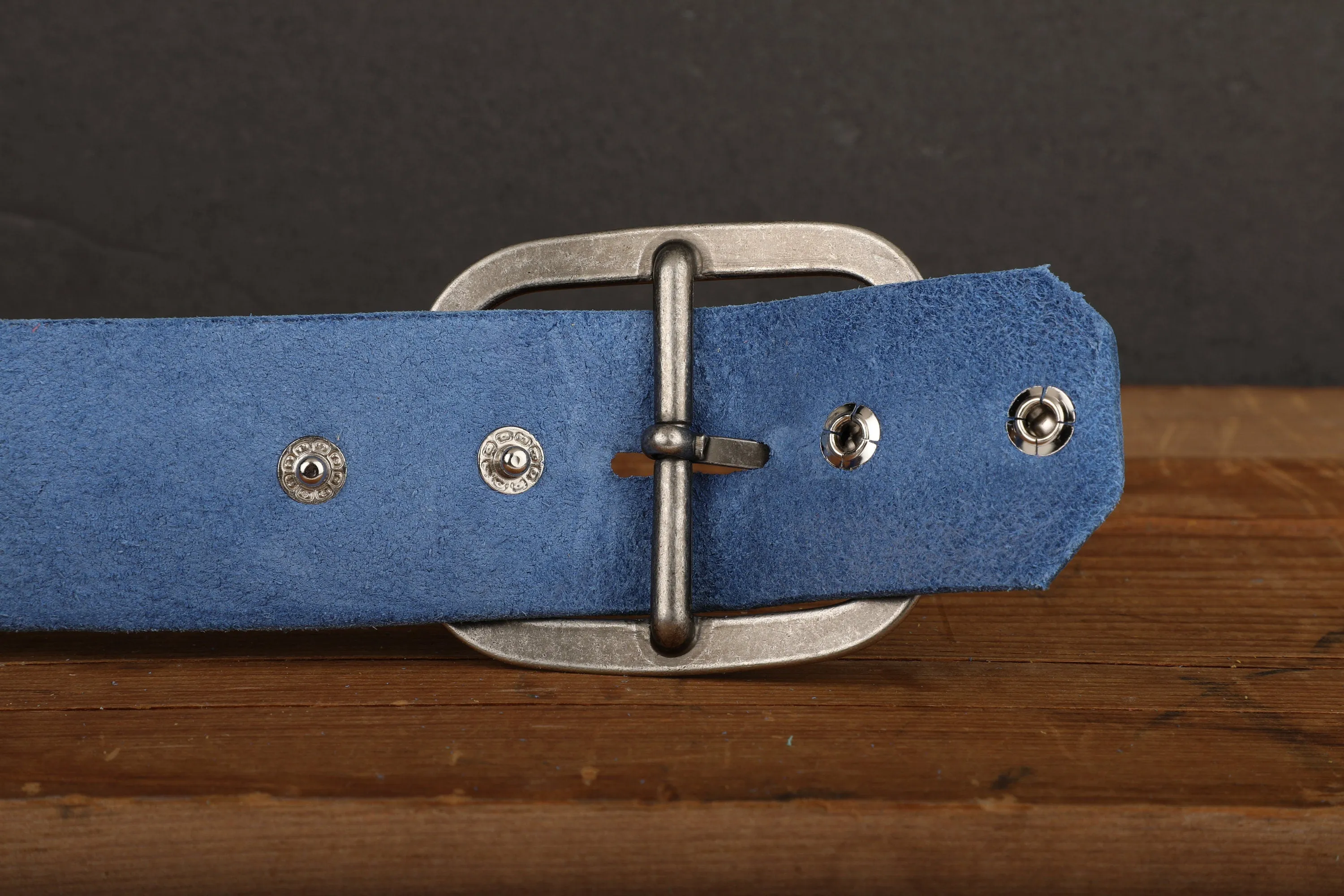 Electric Blue Wide Leather Snap Belt with Gold Tone Antique Brass Belt Buckle