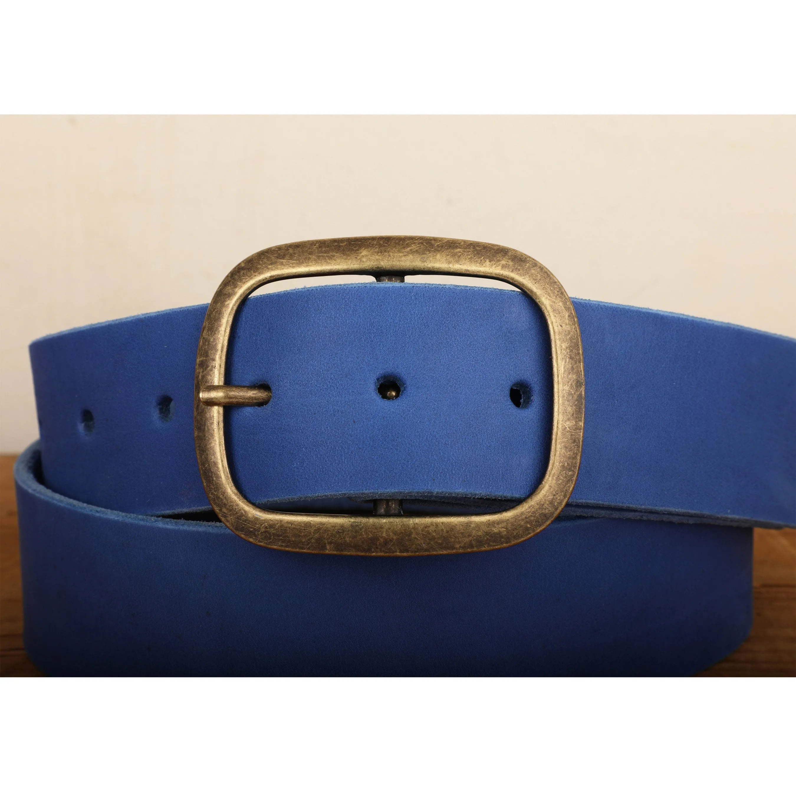 Electric Blue Wide Leather Snap Belt with Gold Tone Antique Brass Belt Buckle