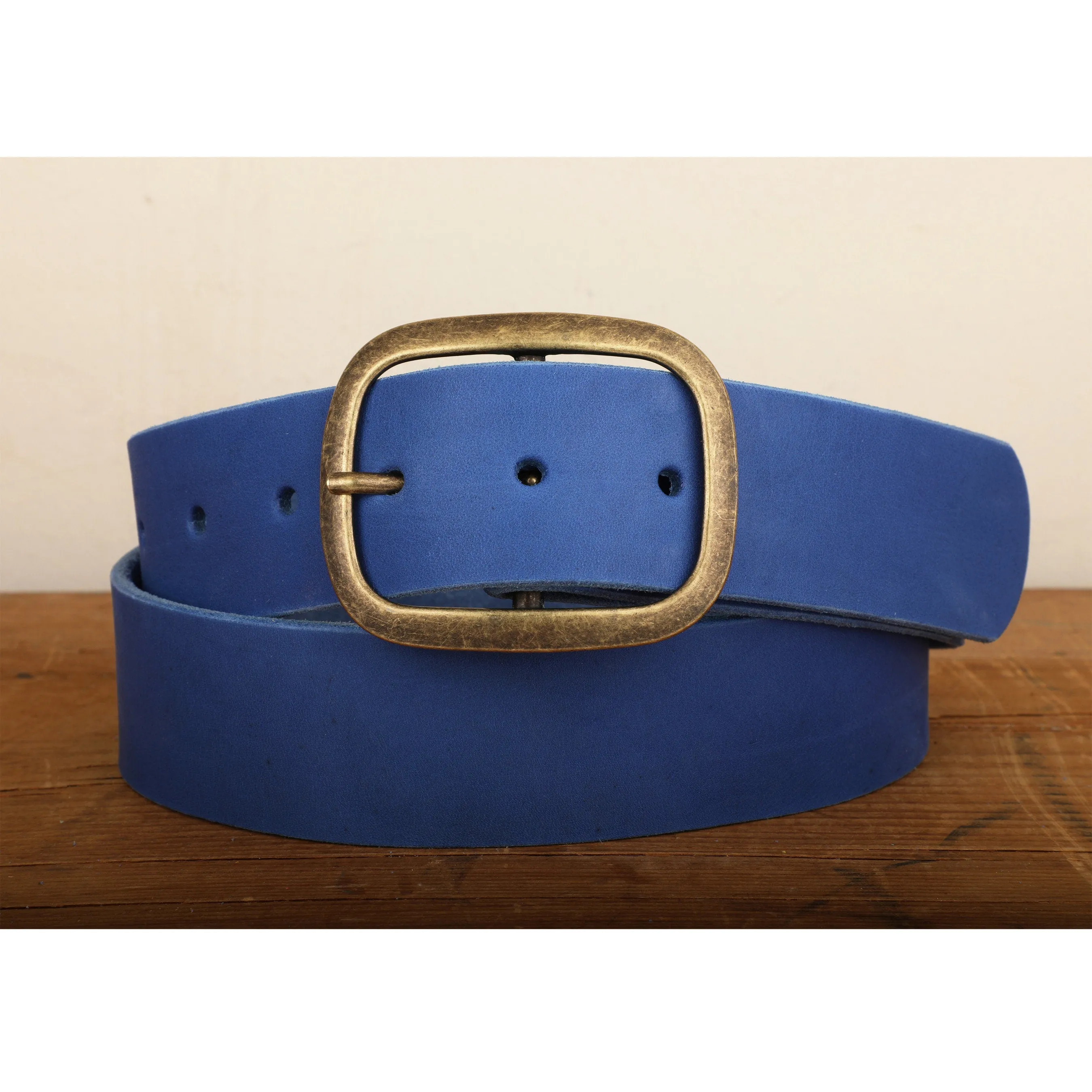 Electric Blue Wide Leather Snap Belt with Gold Tone Antique Brass Belt Buckle