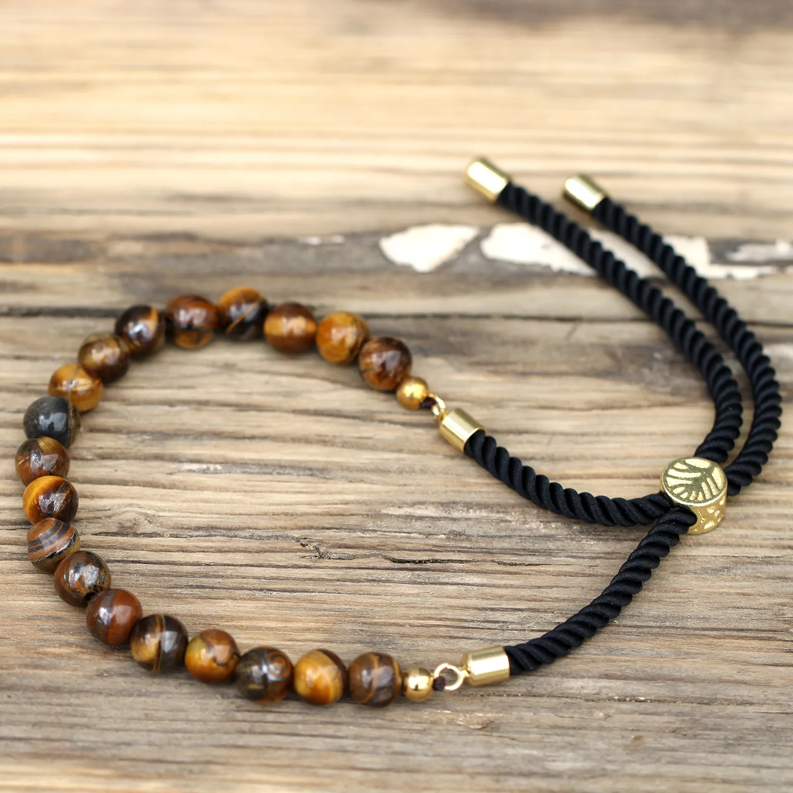 Elegant 18K Gold Plated Tiger Eye Gemstone Black String Bracelet - Adjustable & Fashionable