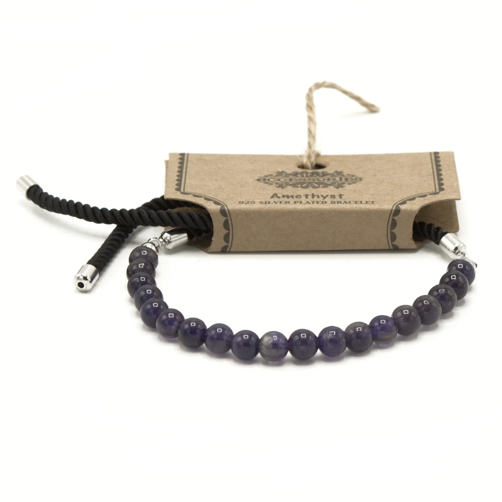 Elegant 925 Silver Plated Amethyst Gemstone Black String Bracelet | Adjustable & Stylish