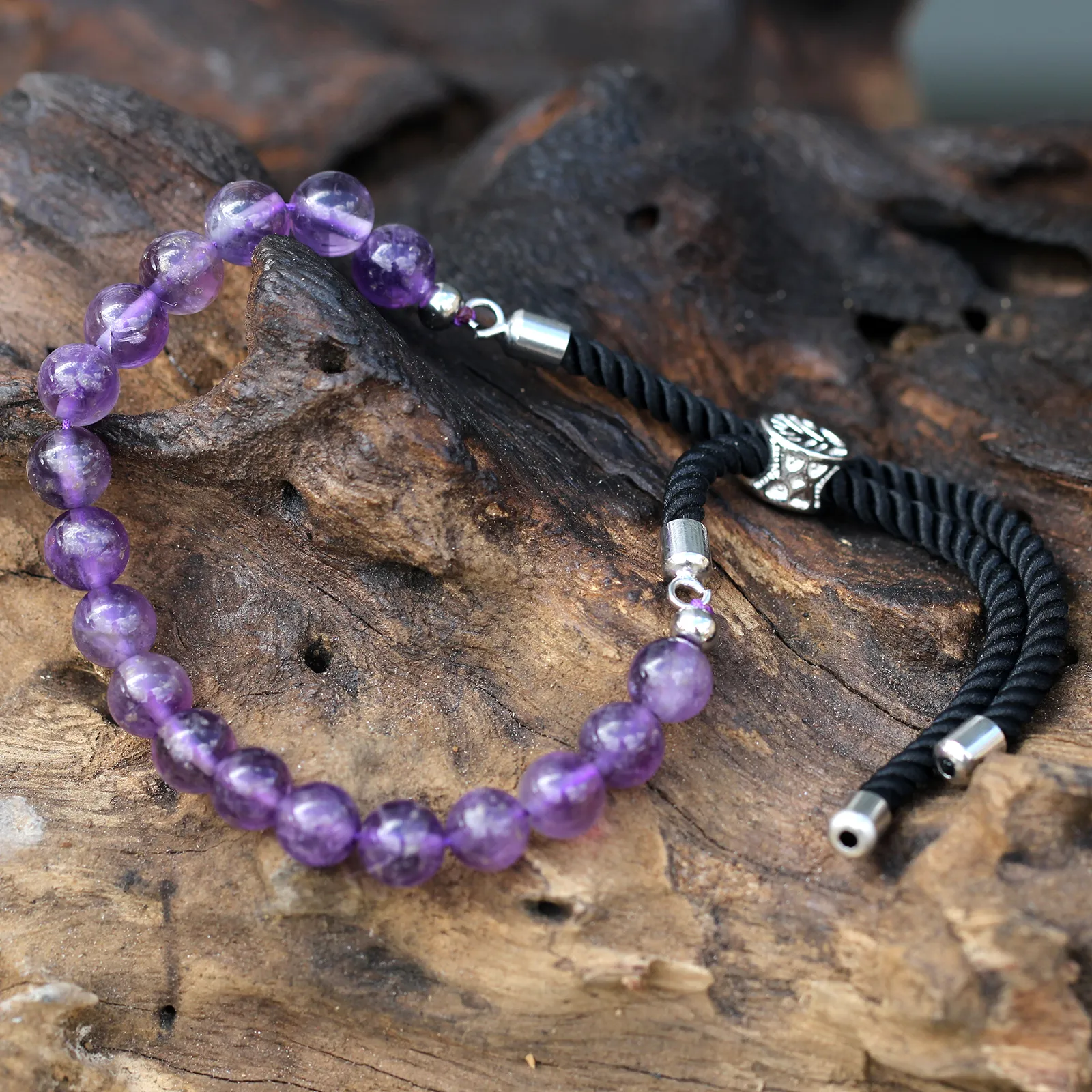 Elegant 925 Silver Plated Amethyst Gemstone Black String Bracelet | Adjustable & Stylish