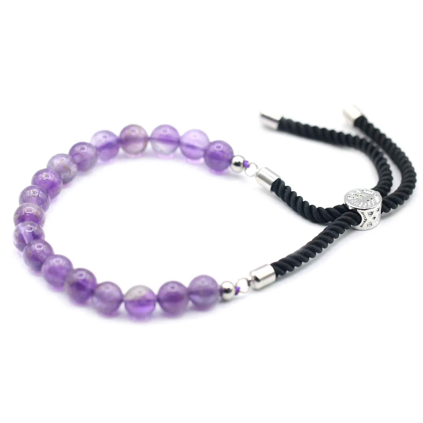 Elegant 925 Silver Plated Amethyst Gemstone Black String Bracelet | Adjustable & Stylish