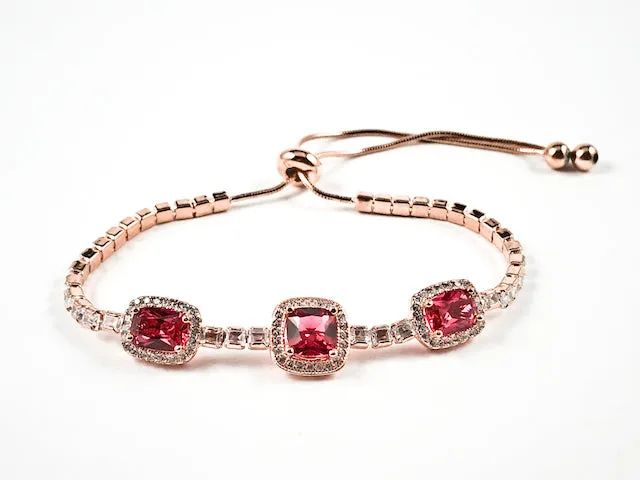 Elegant Square Shape Halo Style Ruby CZ Pink Gold Tone Draw String Silver Bracelet