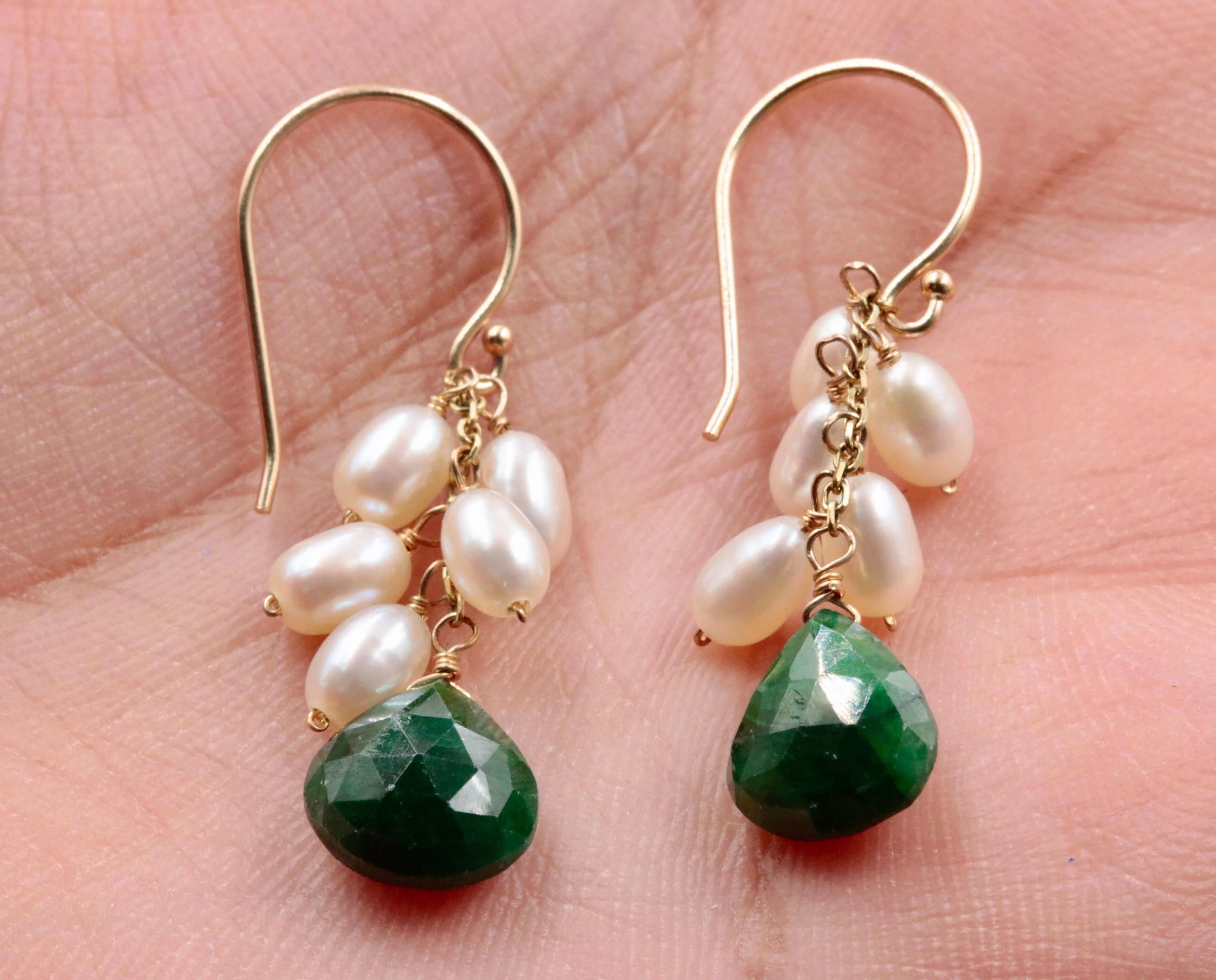 Emerald Party Earrings 14K Gold Emerald Earrings Gemstone Earrings Faceted Drop 14KY Gold  Emerald and Pearl party earrings  SKU:6142201