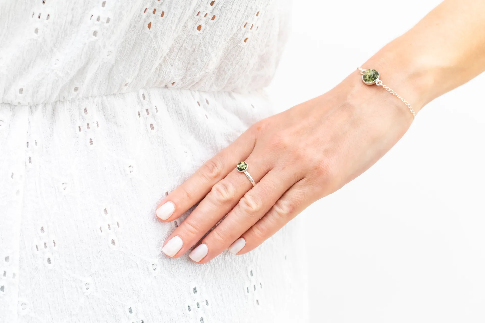 ESSENTIALS Mini Green Amber Stacking Ring - Minimalist Amber Jewelry for Everyday Wear