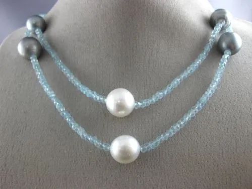 ESTATE EXTRA LONG AAA BLUE TOPAZ & AAA SOUTH SEA & TAHITIAN PEARL 3D NECKLACE