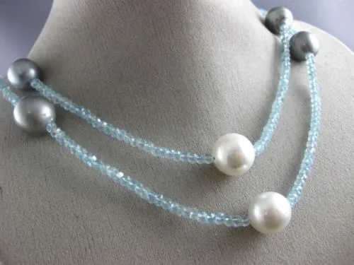 ESTATE EXTRA LONG AAA BLUE TOPAZ & AAA SOUTH SEA & TAHITIAN PEARL 3D NECKLACE