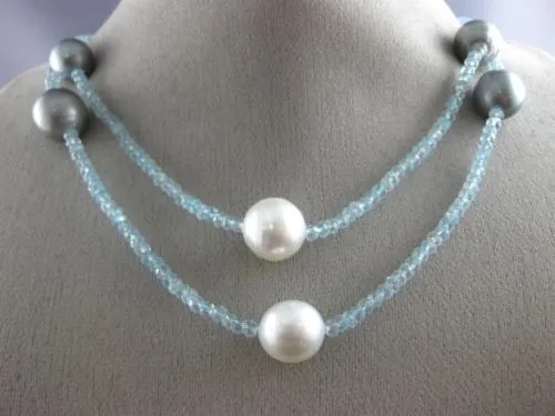 ESTATE EXTRA LONG AAA BLUE TOPAZ & AAA SOUTH SEA & TAHITIAN PEARL 3D NECKLACE