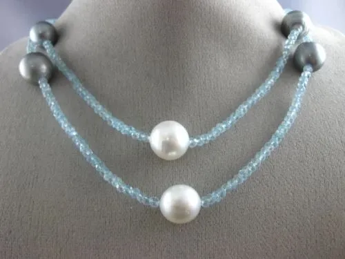 ESTATE EXTRA LONG AAA BLUE TOPAZ & AAA SOUTH SEA & TAHITIAN PEARL 3D NECKLACE