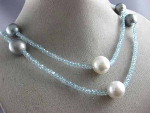 ESTATE EXTRA LONG AAA BLUE TOPAZ & AAA SOUTH SEA & TAHITIAN PEARL 3D NECKLACE