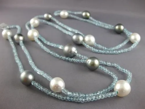 ESTATE EXTRA LONG AAA BLUE TOPAZ & AAA SOUTH SEA & TAHITIAN PEARL 3D NECKLACE