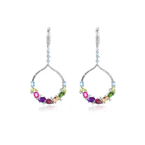 Exaggerated and Advanced Design Inlaid Colorful Gemstone Circle Sterling Silver Drop Earrings for Women