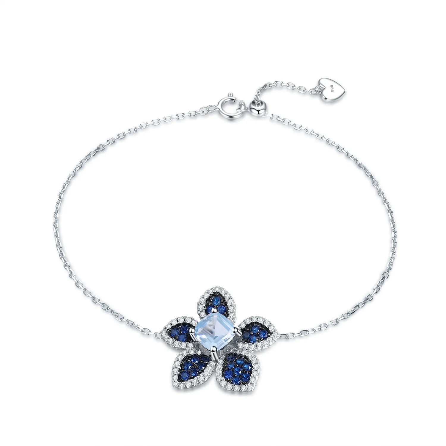 Flower Cushion Cut Natural Gemstone Silver Bracelet