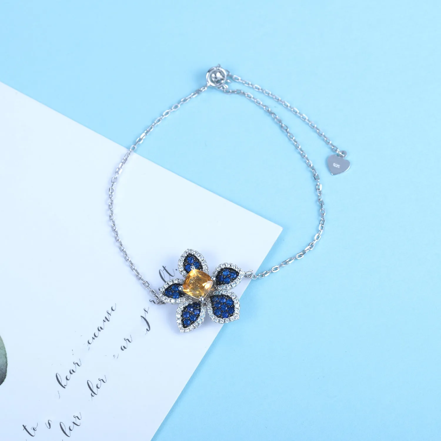 Flower Cushion Cut Natural Gemstone Silver Bracelet