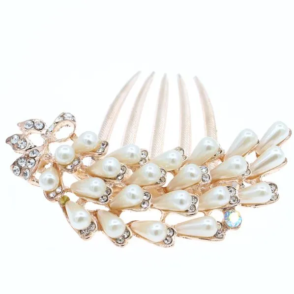 Flower with Ribbon Glass Pearl French Twist Up-do Comb with Rhinestones