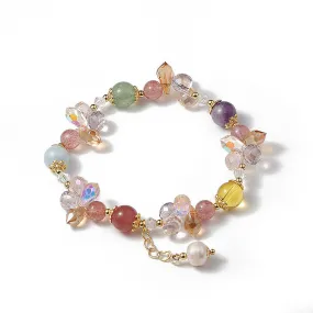 Fortune's Favor Sterling Silver Crystal Bracelet with Strawberry and Sea Blue Crystals and Freshwater Pearls