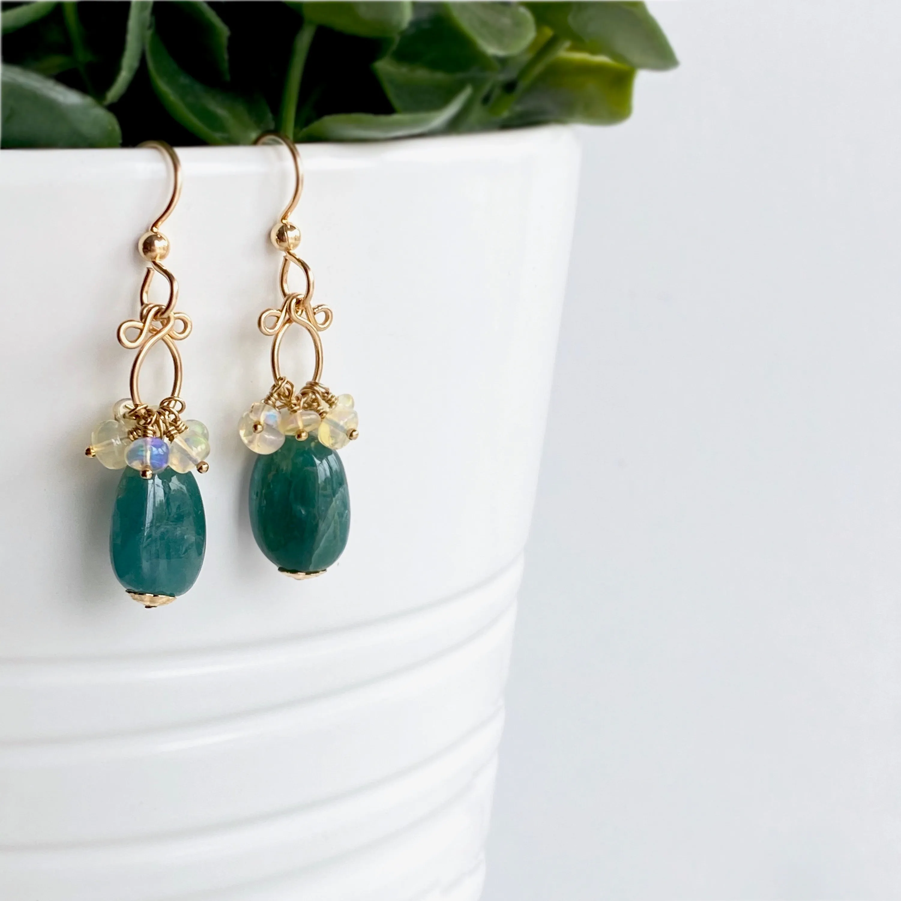 Gisela - Grandidierite and Ethiopian Opal, 14k Gold Filled Earrings