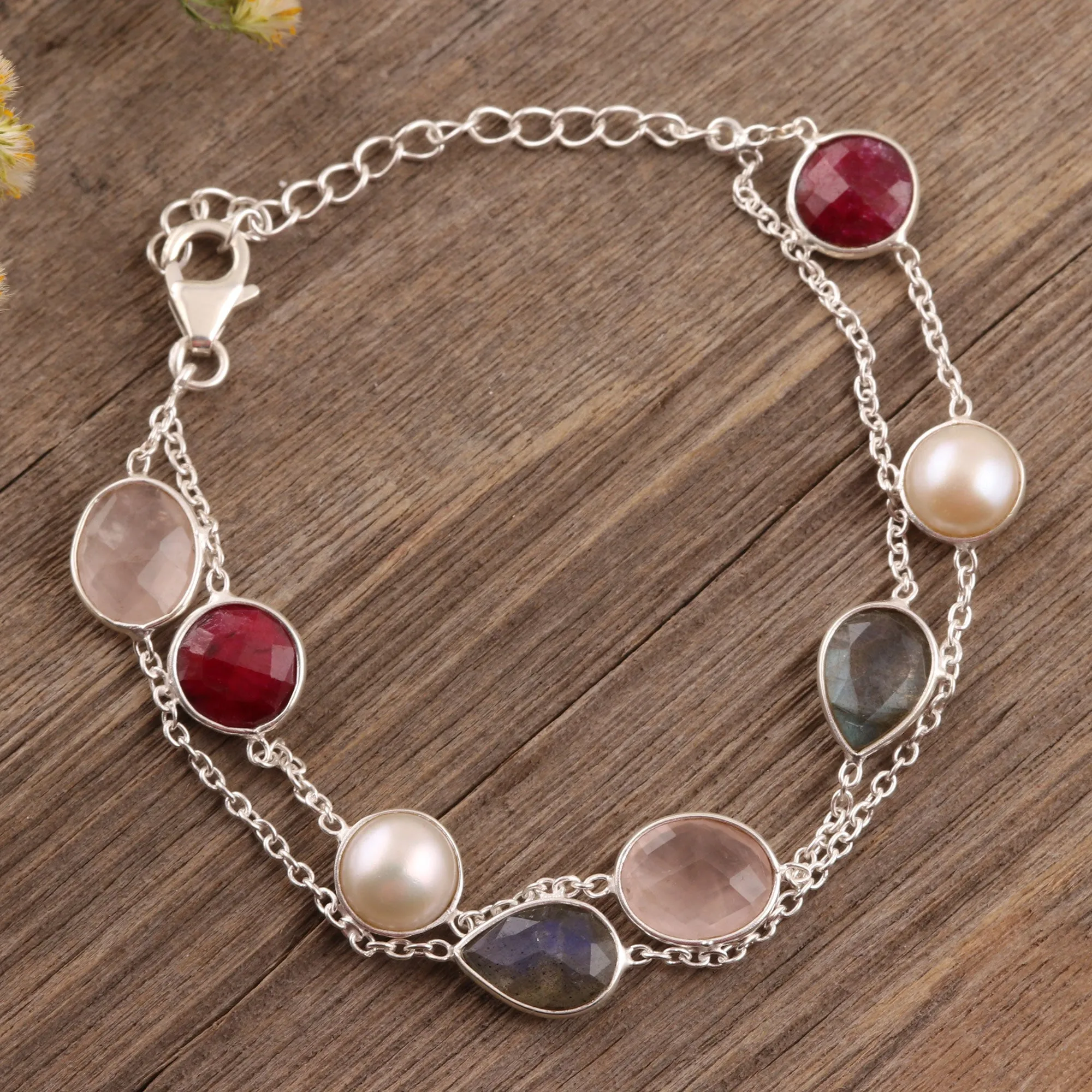 Glamorous Glisten Multi-Gemstone Station Strand Bracelet from India