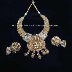 Goddess Lakshmi Engraved Matte Necklace With Jhumki Earrings