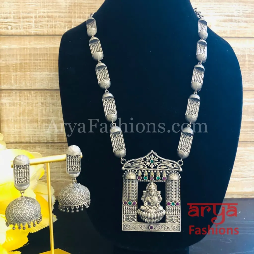 Goddess Laxmi Oxidized Silver Tribal Necklace with colored Stones