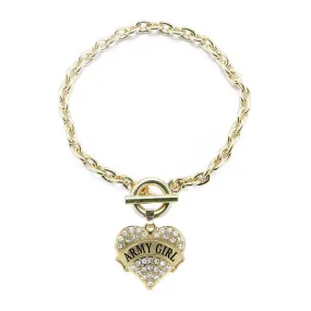 Gold Army Girl Pave Heart Charm Toggle Bracelet