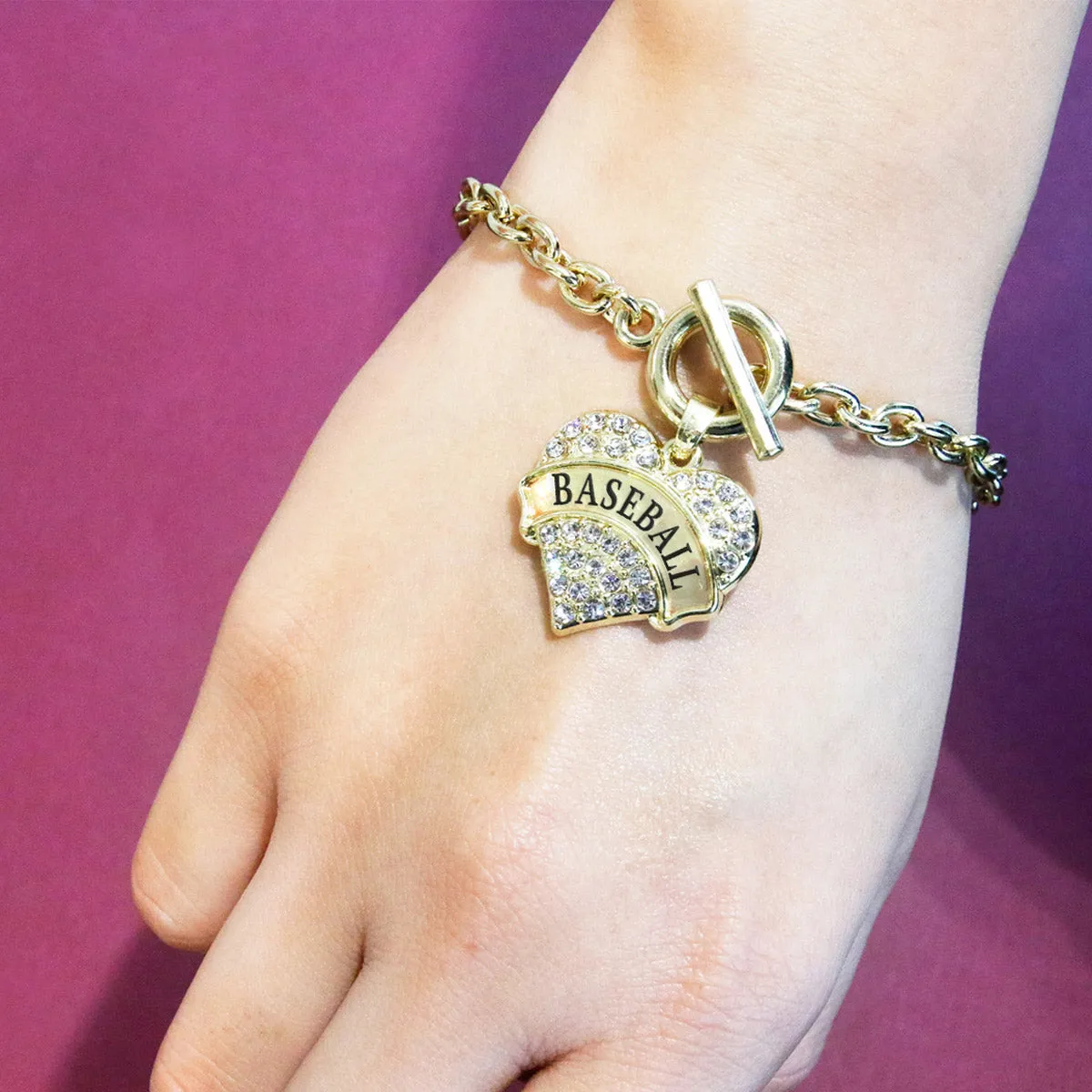 Gold Baseball Pave Heart Charm Toggle Bracelet