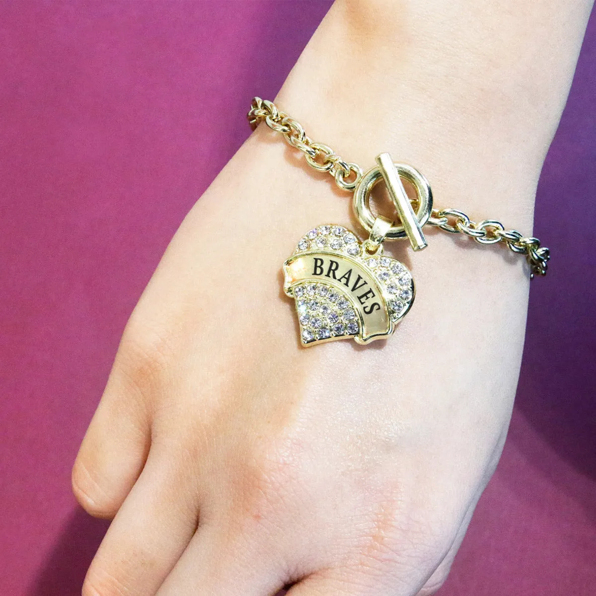 Gold Braves Pave Heart Charm Toggle Bracelet