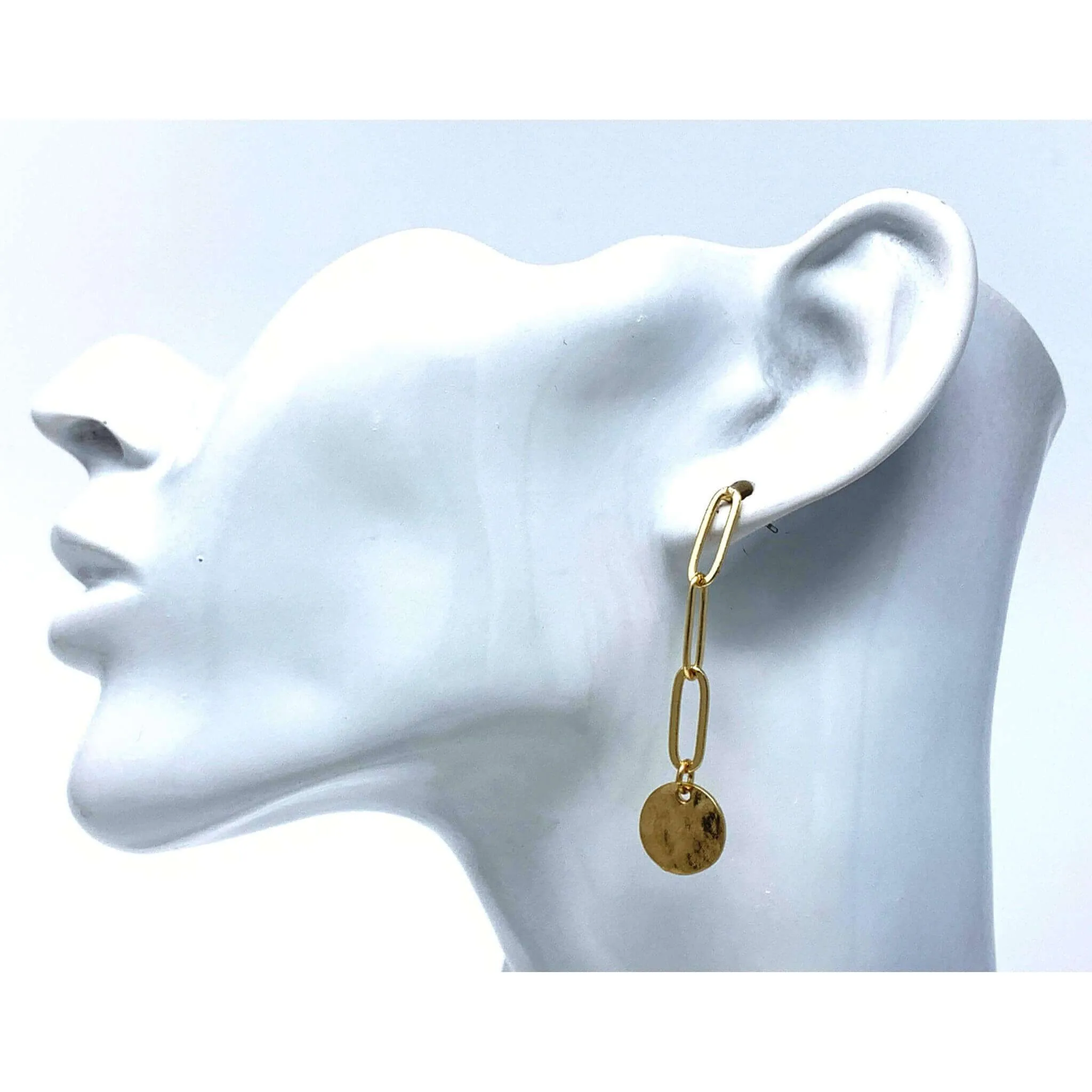 Gold Chain Link Earrings With Hammered Disc