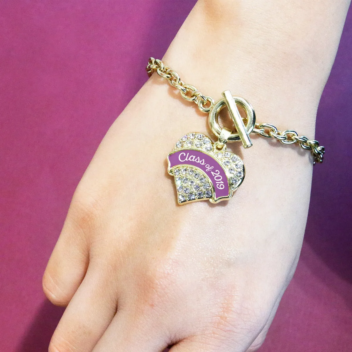 Gold Class of 2019 - Purple Pave Heart Charm Toggle Bracelet