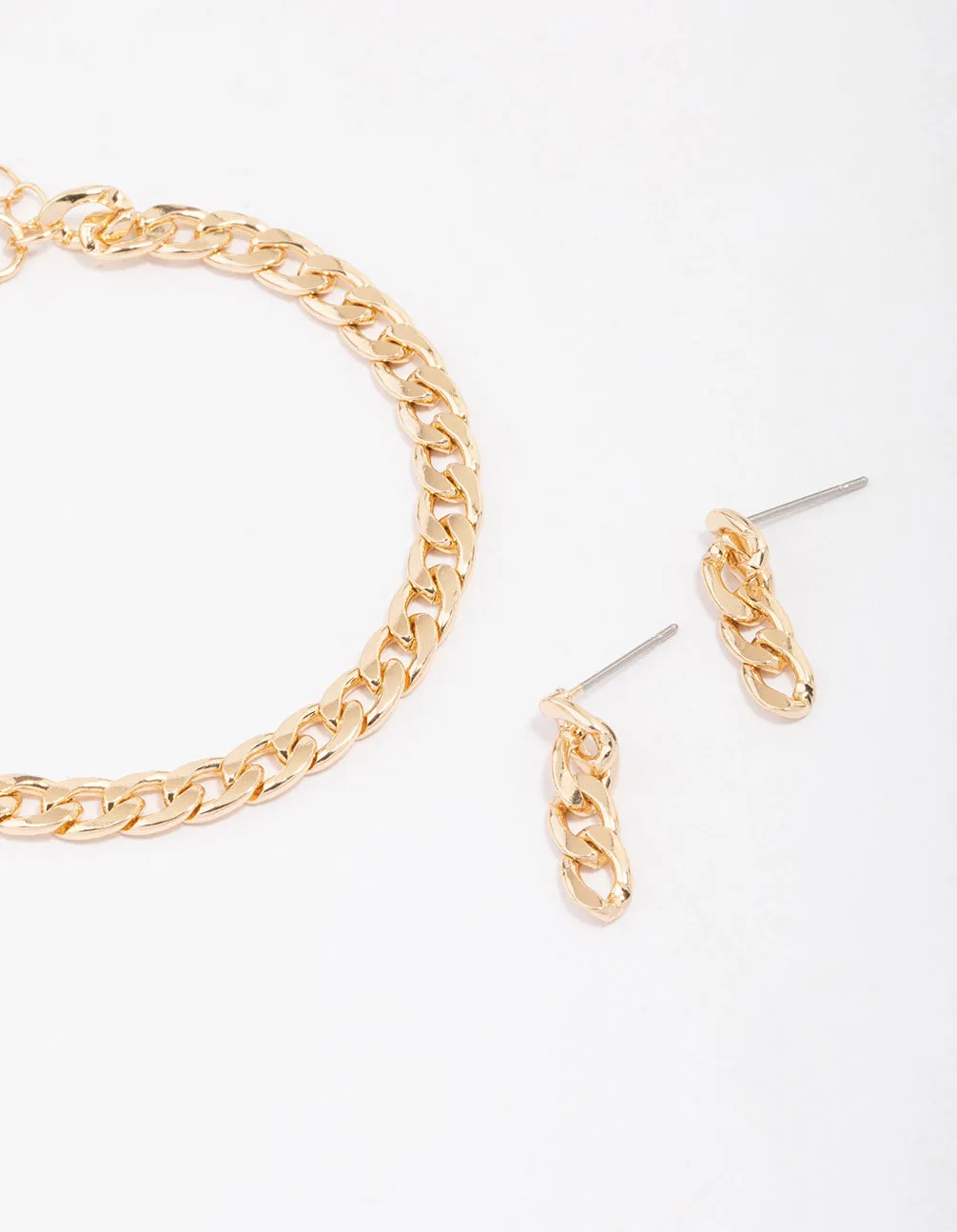 Gold Curb Chain Bracelet & Earring Set