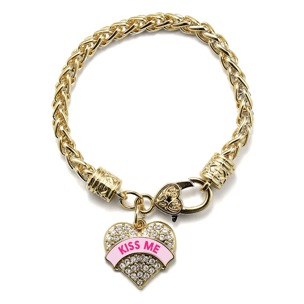 Gold Kiss Me Pink Candy Pave Heart Charm Braided Bracelet