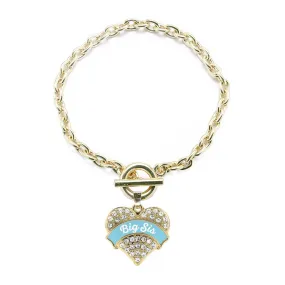 Gold Light Blue Big Sister Pave Heart Charm Toggle Bracelet