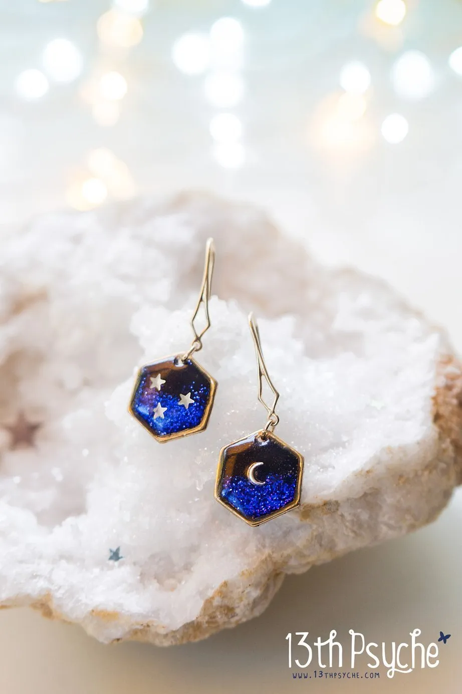 Gold moon and stars hexagon earrings