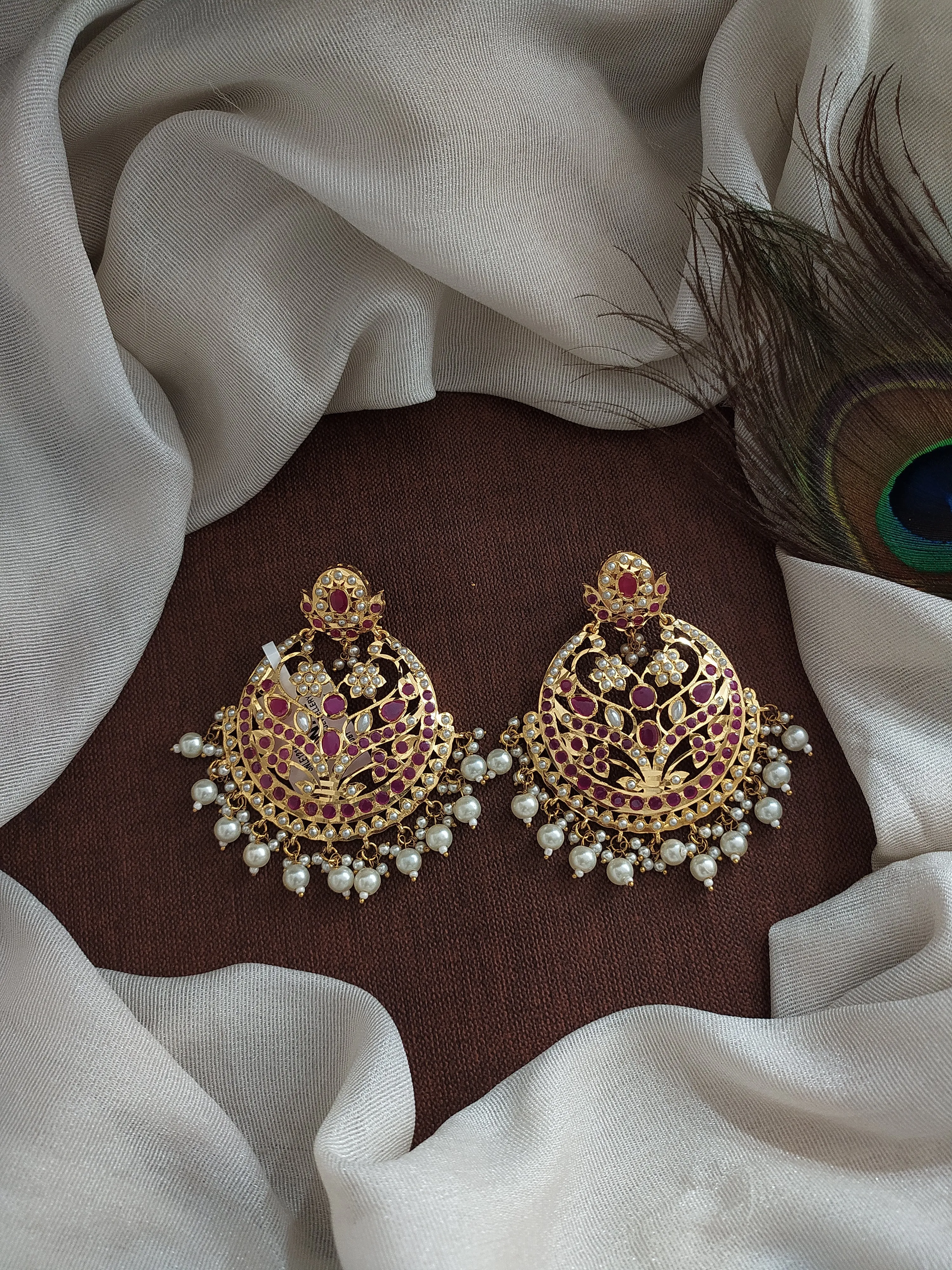 Gold-plated Nizami Chandbali Earrings in Navaratna, Ruby, and Pearls