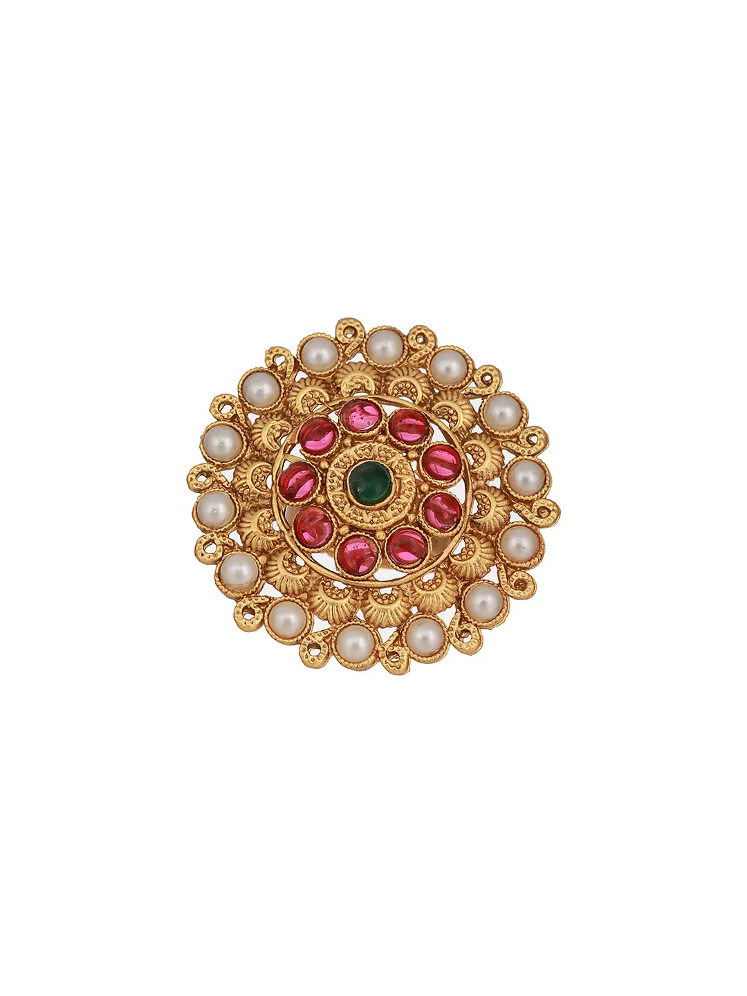 Gold Plated Stone Studded & Beaded Antique Adjustable Finger Ring